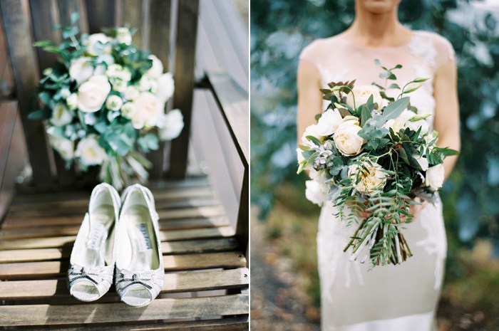 brides wedding shoes and bridal floral bouquet