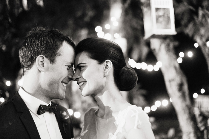 bride and groom black and white night wedding reception time portrait 