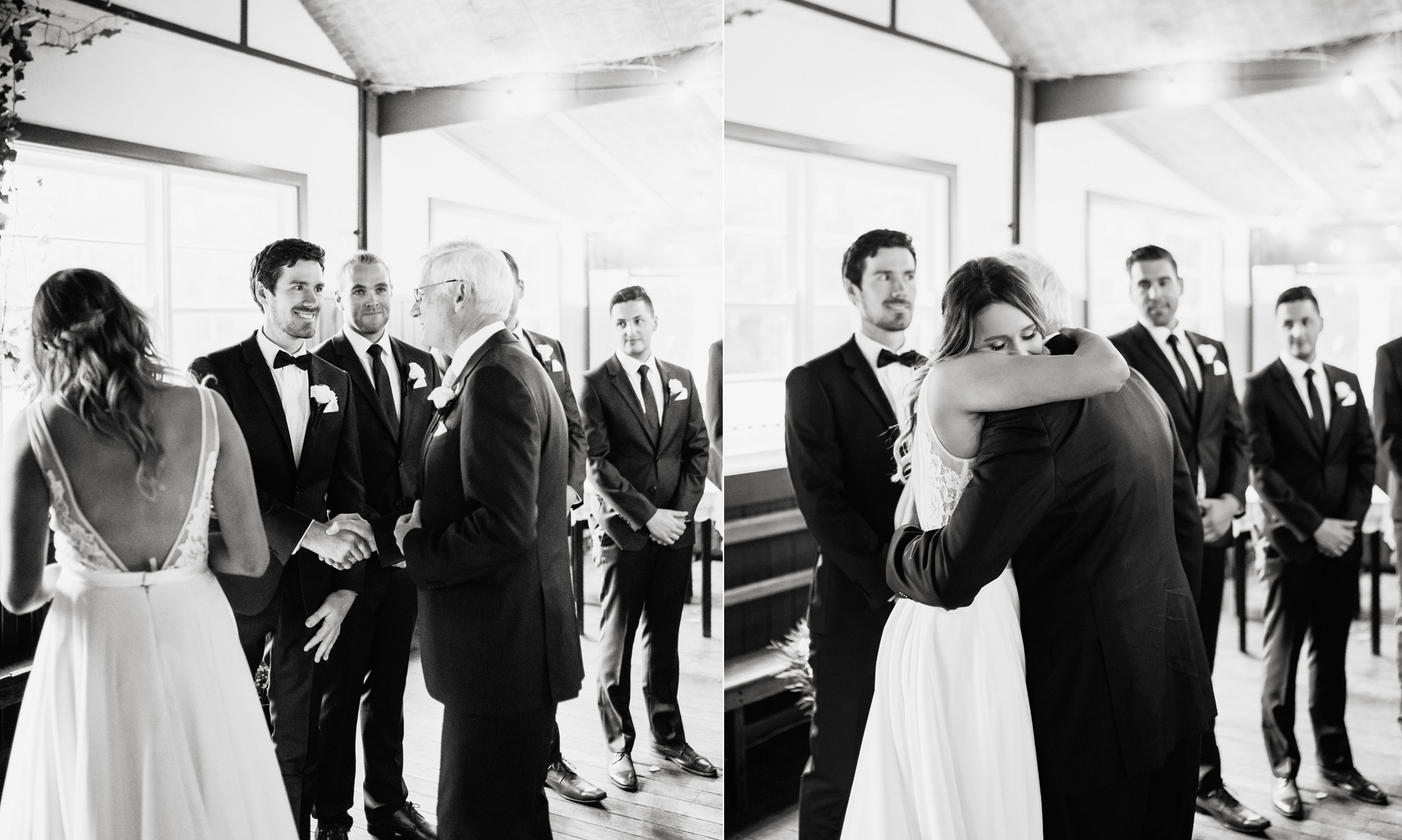 bride hugging dad down the wedding aisle